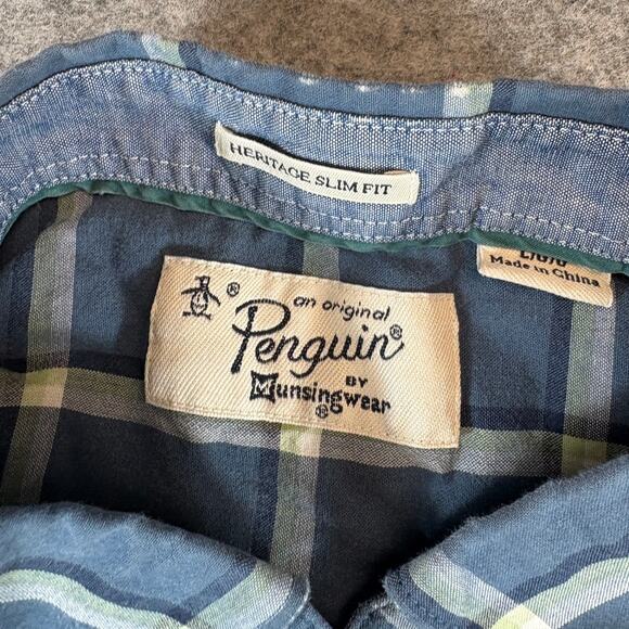Penguin Heritage Shirt Mens Large Blue Plaid Woven Button Down Casual Slim Fit - Picture 4 of 6